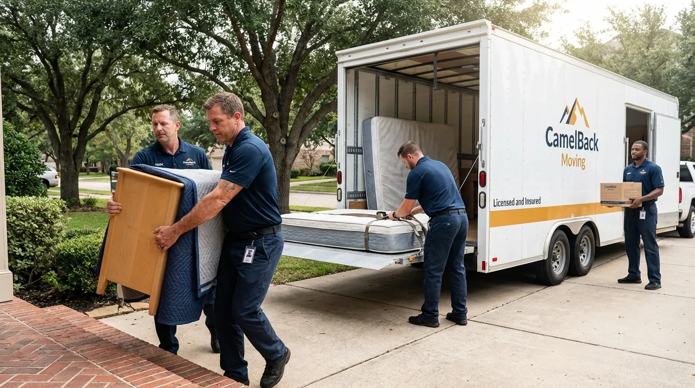 Crew loading residential truck for cross-state move from Cedar Falls, IA