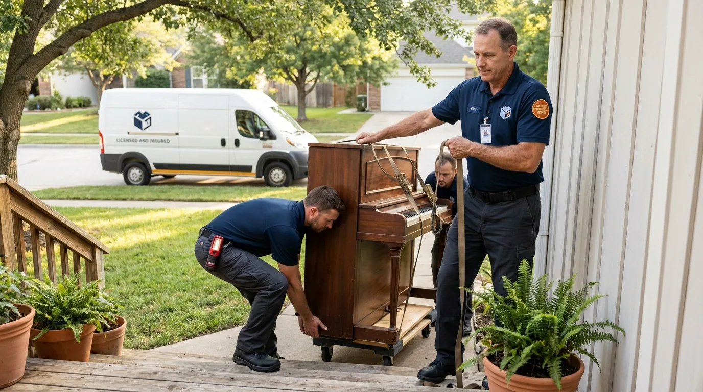 Licensed piano movers securing grand piano in Cedar Falls, IA