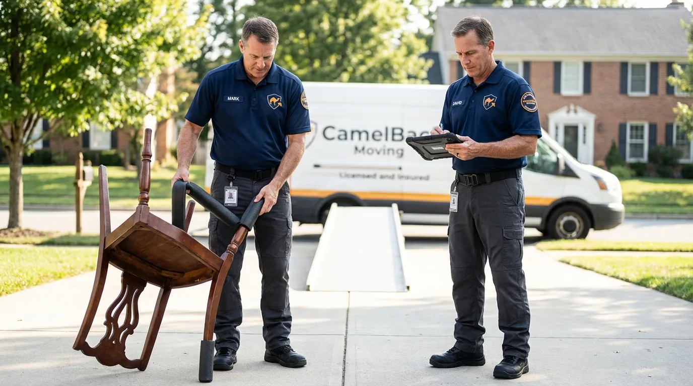 Movers inspecting furniture for damage prevention before loading in Cedar Falls, IA